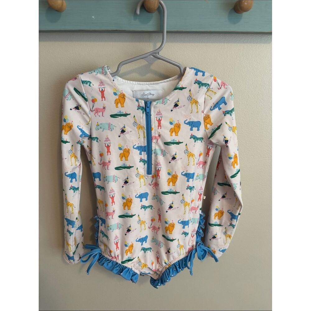 SweetHoney Multicolor Animal Birthday Print Zip Front Swimsuit size 5Y